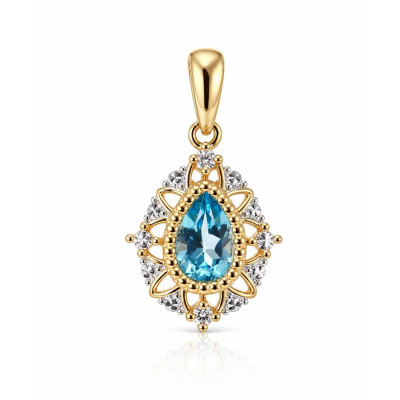 Pendentif Or Jaune 375 Topaze bleue traitée Poire 7x5mm et diamants