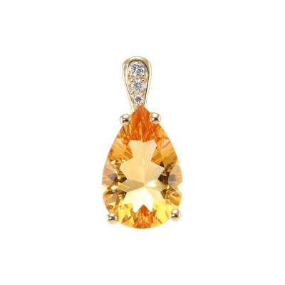 Pendentif Or Jaune 750 Citrine Poire 12x8mm et Diamant