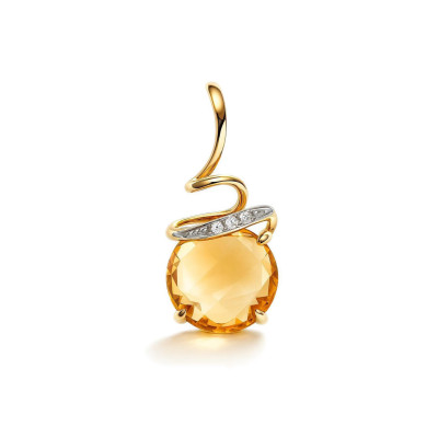 Pendentif Or  Jaune 750 Citrine Ronde 8mm et Diamant