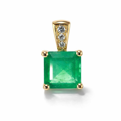 Pendentif Or Jaune 750 émeraude AAA carrée 7.5x7.5mm et diamants