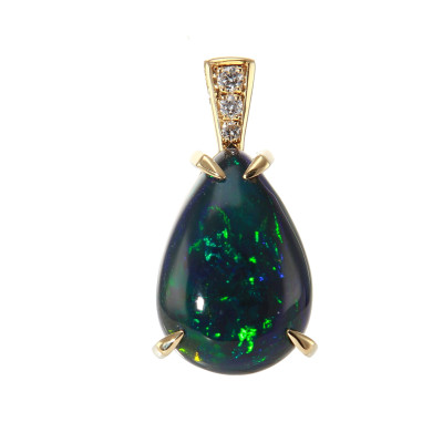 Pendentif Or Jaune 750 Opale Noire Poire 14x10mm et Diamants