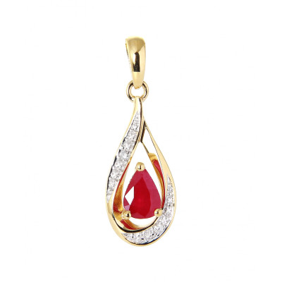 Pendentif Or Jaune 750 Rubis poire de 6x4mm et Diamants
