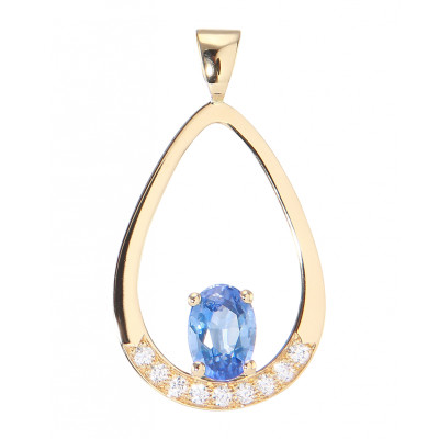 Pendentif Or Jaune 750 Saphir de Ceylan  Ovale 7x5mm et Diamant