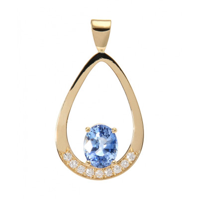 Pendentif Or Jaune 750 Saphir de Ceylan Ovale 8x6mm et Diamant