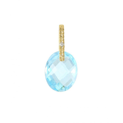 Pendentif Or Jaune 750 Topaze  Bleue Traitée  Dome 10x8mm et Diamant
