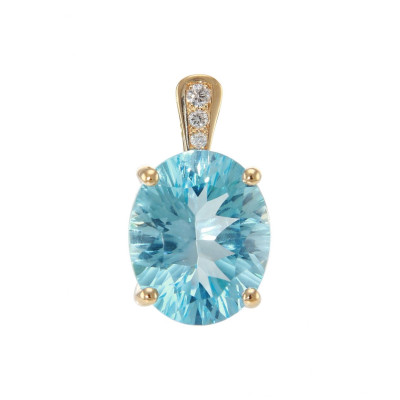 Pendentif Or Jaune 750 Topaze Bleue traitée Ovale 12x10mm et diamants