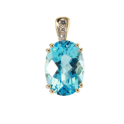 Pendentif Or Jaune 750 Topaze bleue traitée Ovale 14x10mm et diamants