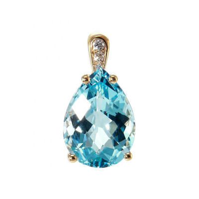 Pendentif Or Jaune 750 Topaze Bleue traitée Poire 14x10mm et diamants