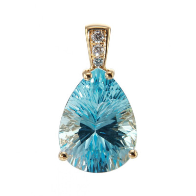 Pendentif Or Jaune 750 Topaze Bleue traitée Poire de 16x12mm et de 3 diamants