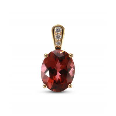 Pendentif Or Jaune 750 Tourmaline Rose Ovale 10x8mm et Diamant