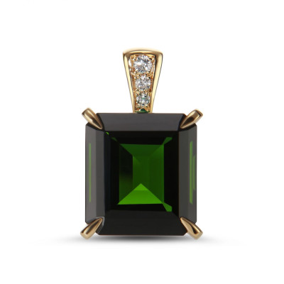 Pendentif Or Jaune 750 Tourmaline Verte AAA Rectangulaire 12.7x11.7mm et diamants