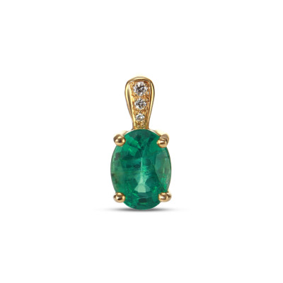 Pendentif Or Jaune Emeraude Ovale AAA 8x6mm et Diamants