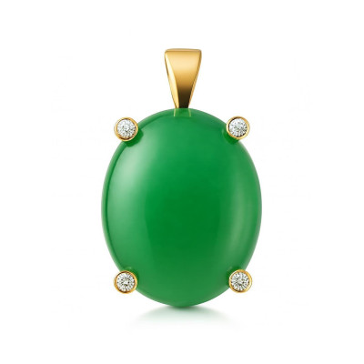 Pendentif Or Jaune Jade Traité Ovale 18x15mm et Diamant