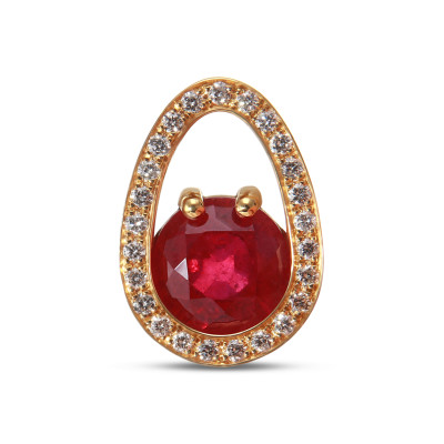 Pendentif Or Jaune Rubis Traité Rond 8.9mm et Diamants