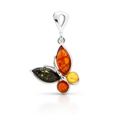Pendentif Papillon Ambre Multicolore et Argent 925