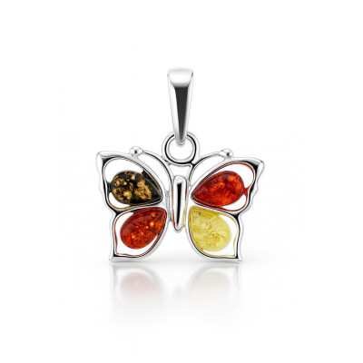 Pendentif papillon en Argent et Ambre multicolore