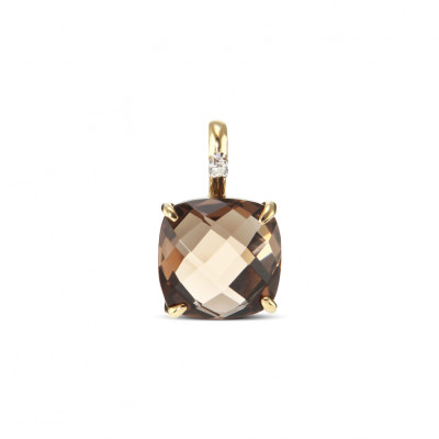 Pendentif Quartz Fumé Coussin 8mm et Diamant Or Jaune 750
