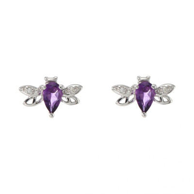 Puces d'oreilles Abeilles Or Blanc 375 Améthyste et Diamant