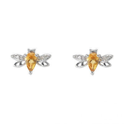 Puces d'oreilles Abeilles Or Blanc 375 Citrine et Diamant