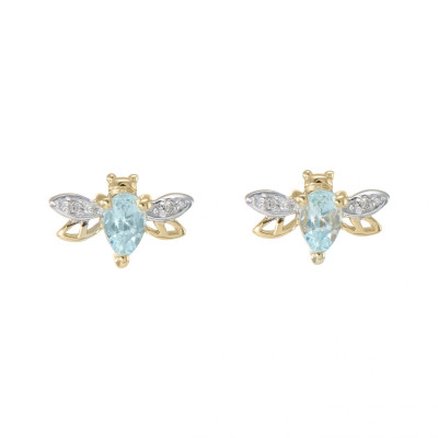 Puces d'oreilles Abeilles Or Jaune 375 Topaze bleue traitée et Diamant