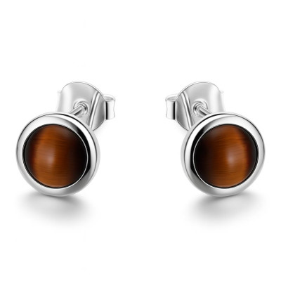 Puces d'oreilles Argent et Oeil de Tigre Rond 7mm