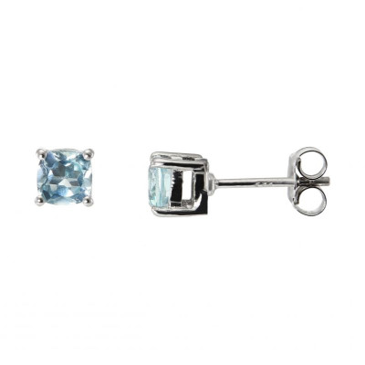 Puces d'oreilles Argent Rhodié Topaze Bleue Traitée Coussin 5x5mm