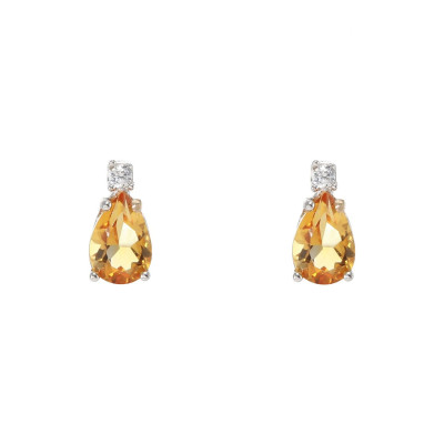 Puces d'oreilles Or Blanc 750 Citrine Poire 6x4mm et Oxyde de zirconium