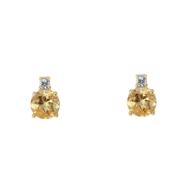 Puces d'oreilles Or Jaune 750 Citrines Rondes 4mm et Oxydes de zirconium