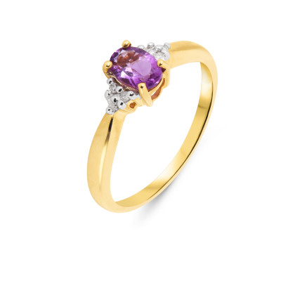 Solitaire Améthyste Ovale 6x4mm et Diamant Or Jaune 375 
