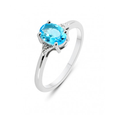 Solitaire Argent Rhodié Topaze Bleue traitée Ovale 7x5mm