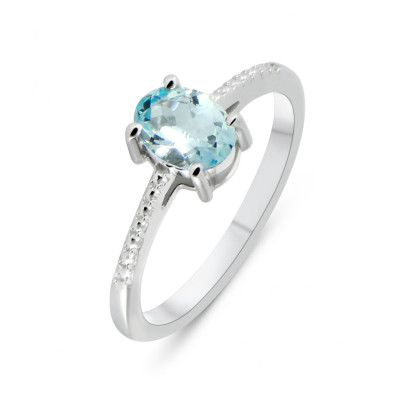 Solitaire Argent Rhodié Topaze Bleue traitée Ovale 7x5mm