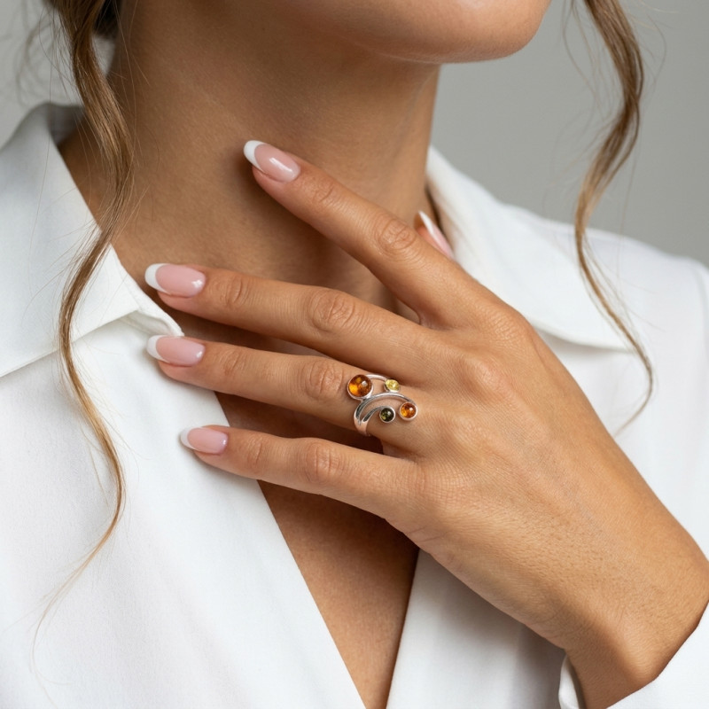 Bague Ambre Multicolore sur Argent 925 porté