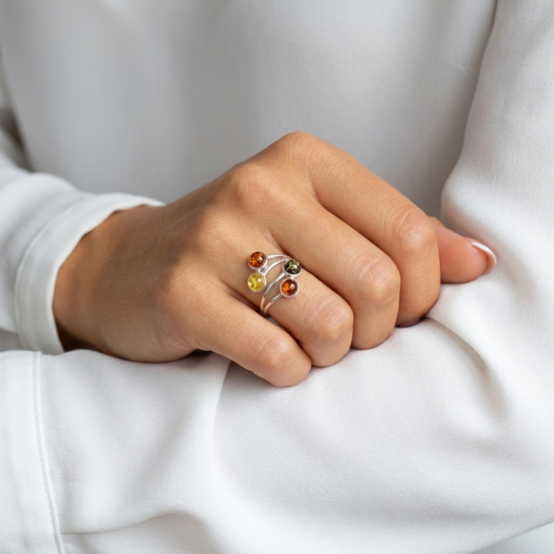 Bague Ambre Multicolore sur Argent 925 porté