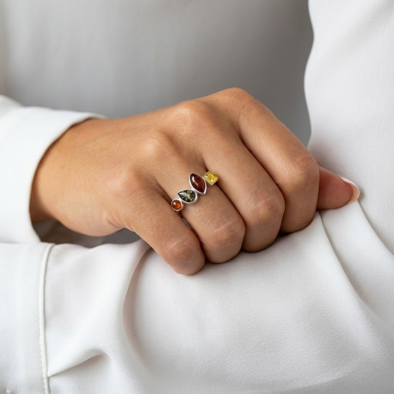 Bague Ambre Multicolore sur Argent 925 porté