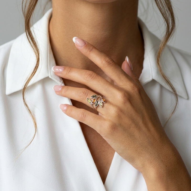 Bague Ambre Multicolore sur Argent 925 porté