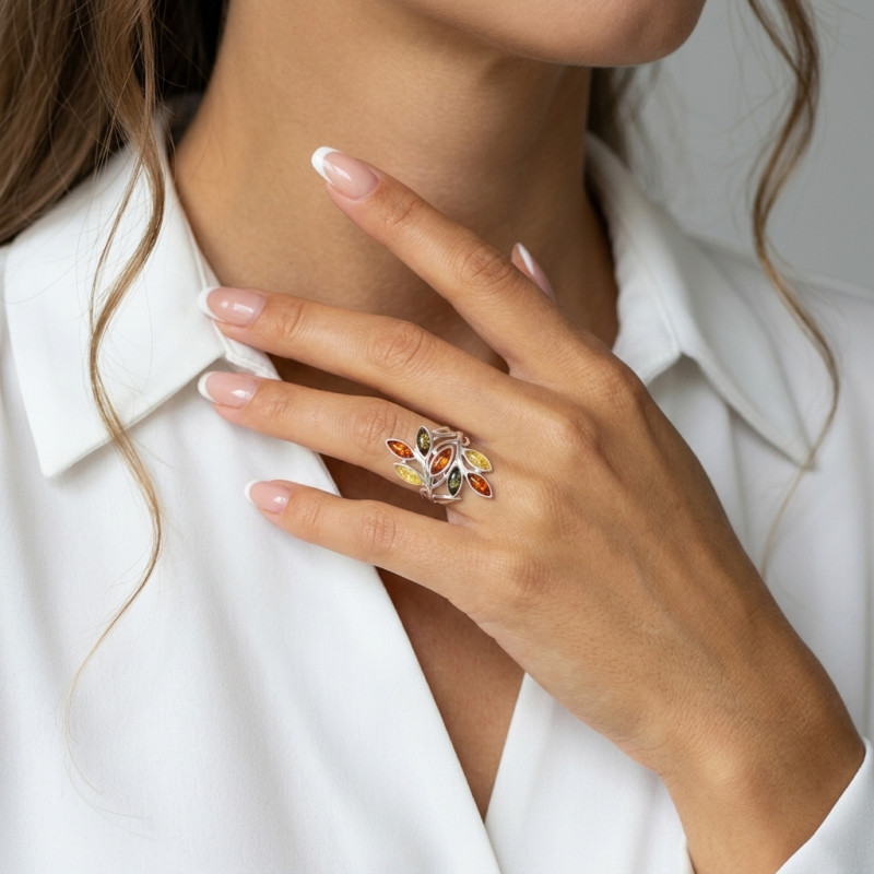 Bague Ambre Multicolore sur Argent 925 porté