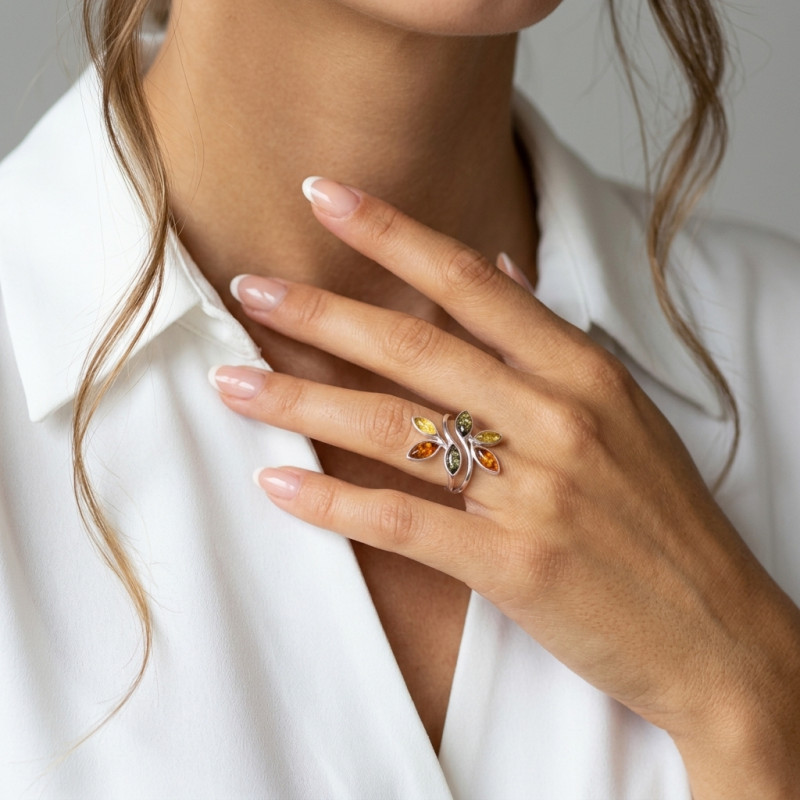 Bague Ambre Multicolore sur Argent 925 porté