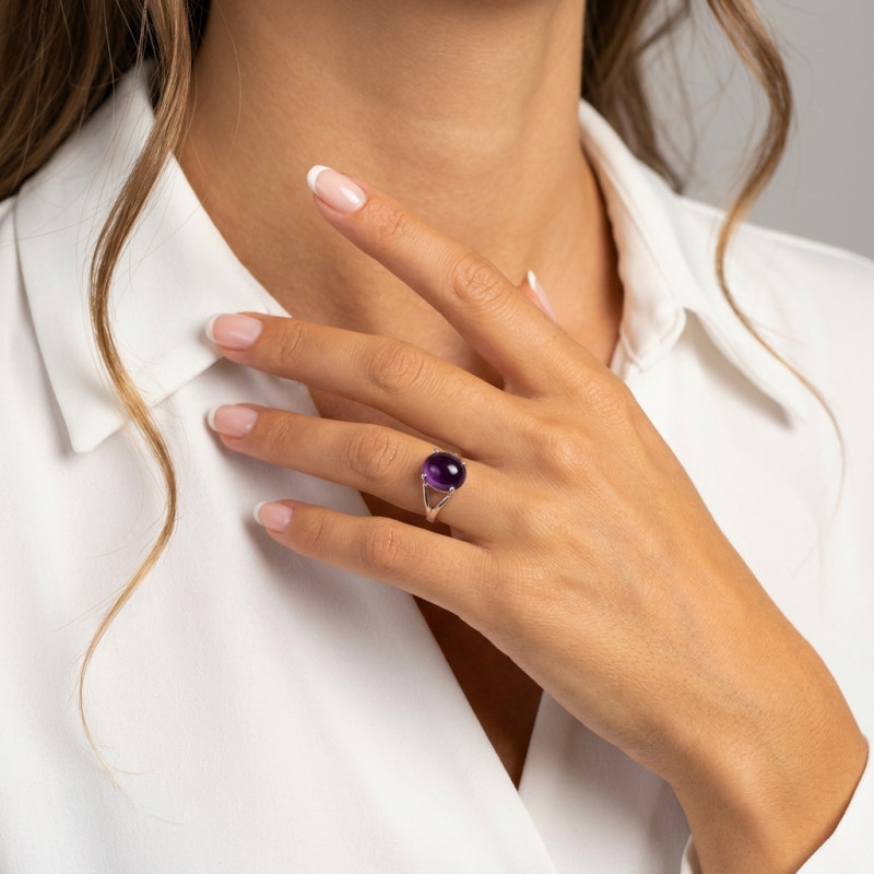 Bague Argent 925 Améthyste Cabochon Ovale 12x10 porté