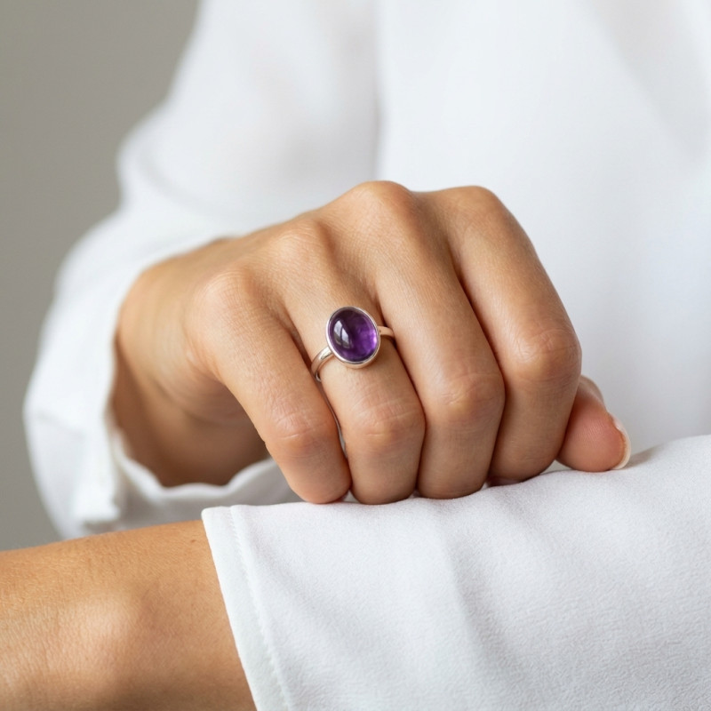 Bague Argent 925 Améthyste Cabochon Ovale 14x10mm porté