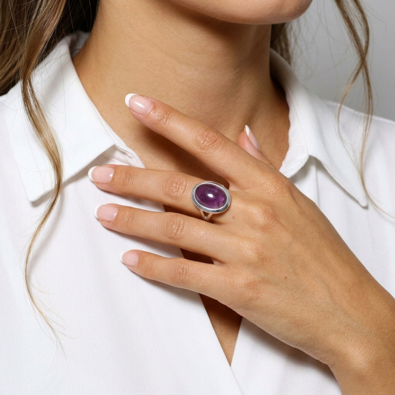 Bague Argent 925 Améthyste Cabochon Ovale 18x12mm porté