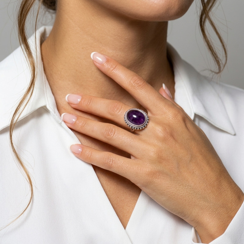 Bague Argent 925 Améthyste Cabochon Ovale 20x15mm porté