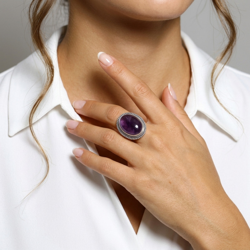 Bague Argent 925 Améthyste Cabochon Ovale 25x18mm porté