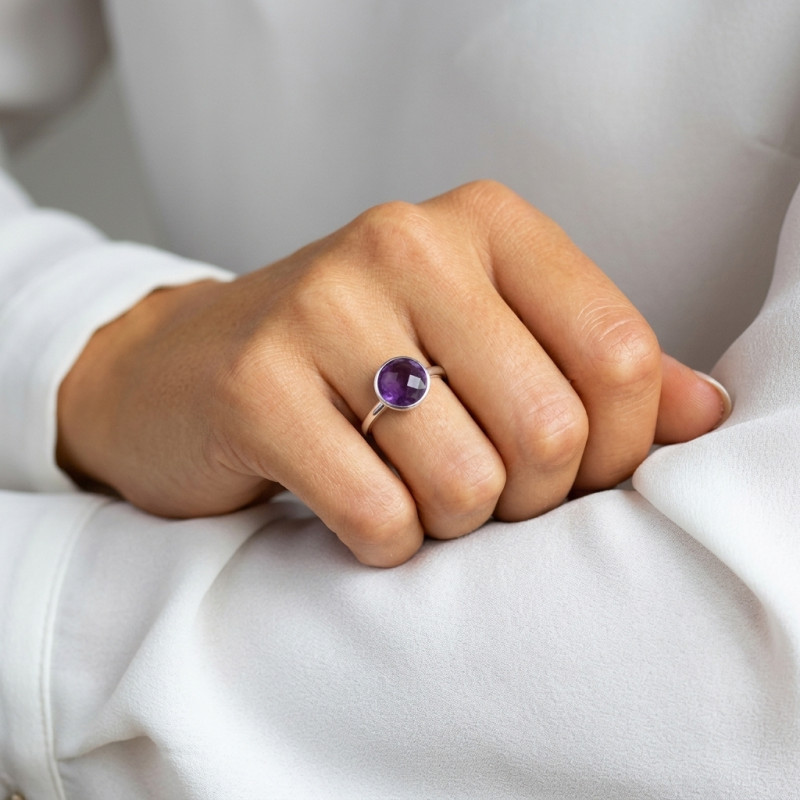 Bague Argent 925 Améthyste Ronde 12mm porté