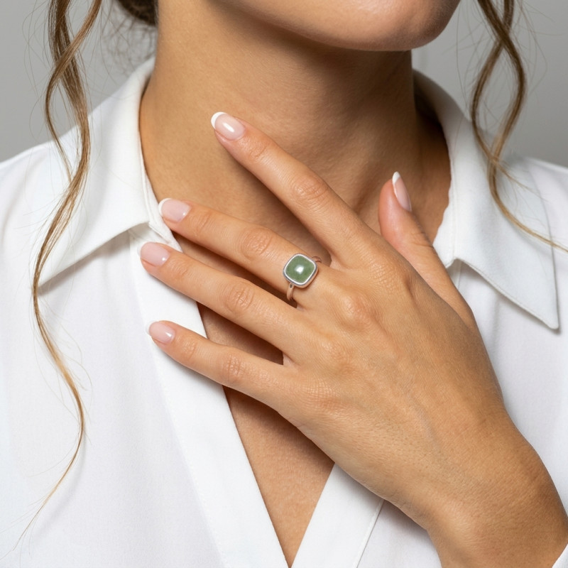 Bague Argent 925 Aventurine Cabochon Coussin 10x10mm porté