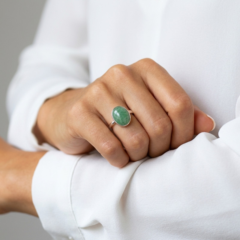 Bague Argent 925 Aventurine Cabochon Ovale 14x10mm porté