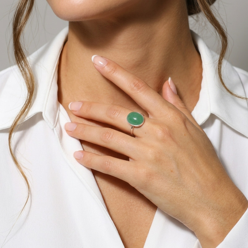 Bague Argent 925 Aventurine Cabochon Ovale 16x12mm porté