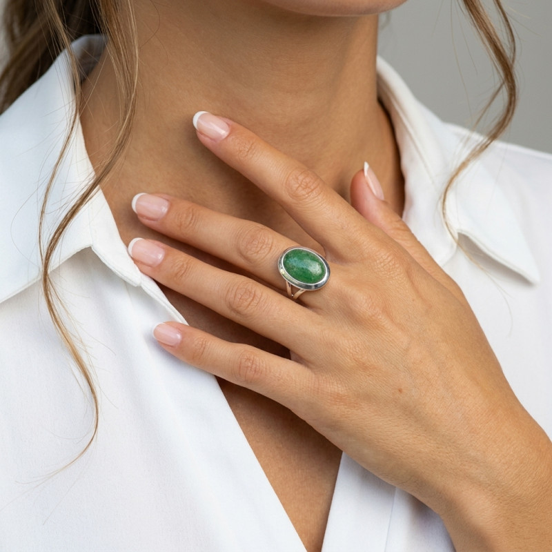 Bague Argent 925 Aventurine Cabochon Ovale 18x12mm porté