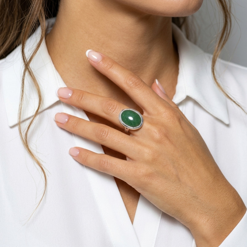 Bague Argent 925 Aventurine Cabochon Ovale 20x15mm porté