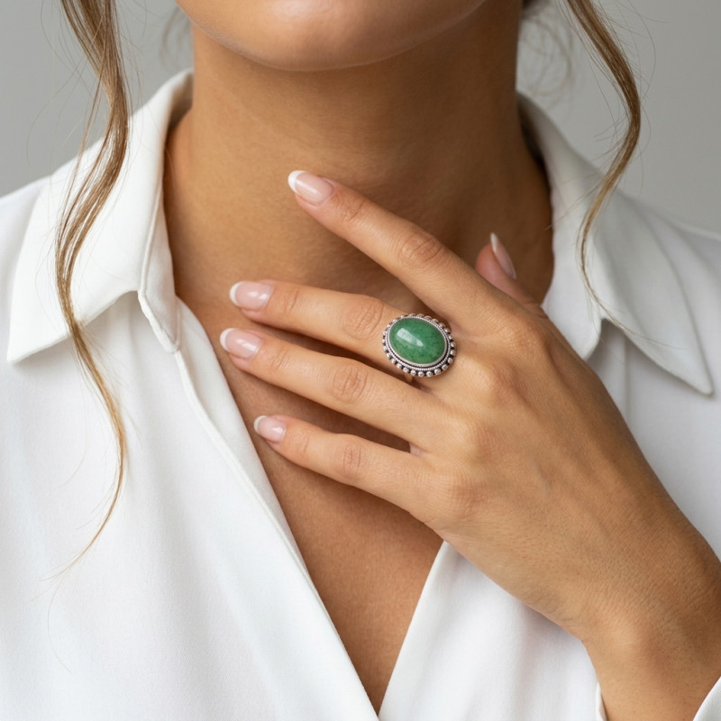 Bague Argent 925 Aventurine Cabochon Ovale 20x15mm porté