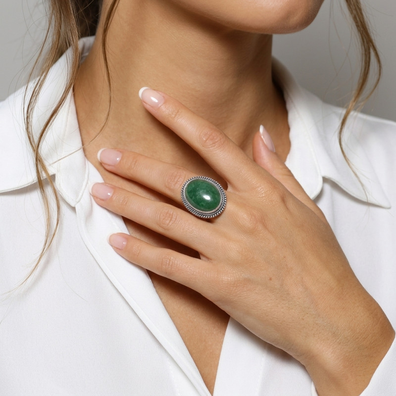 Bague Argent 925 Aventurine Cabochon Ovale 25x18mm porté